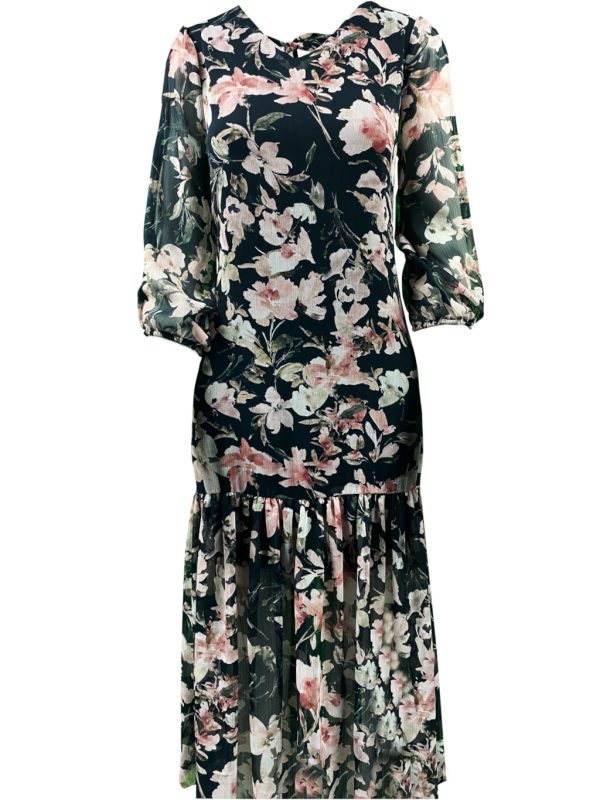 Sukienka FALBANA czarna w kwiaty