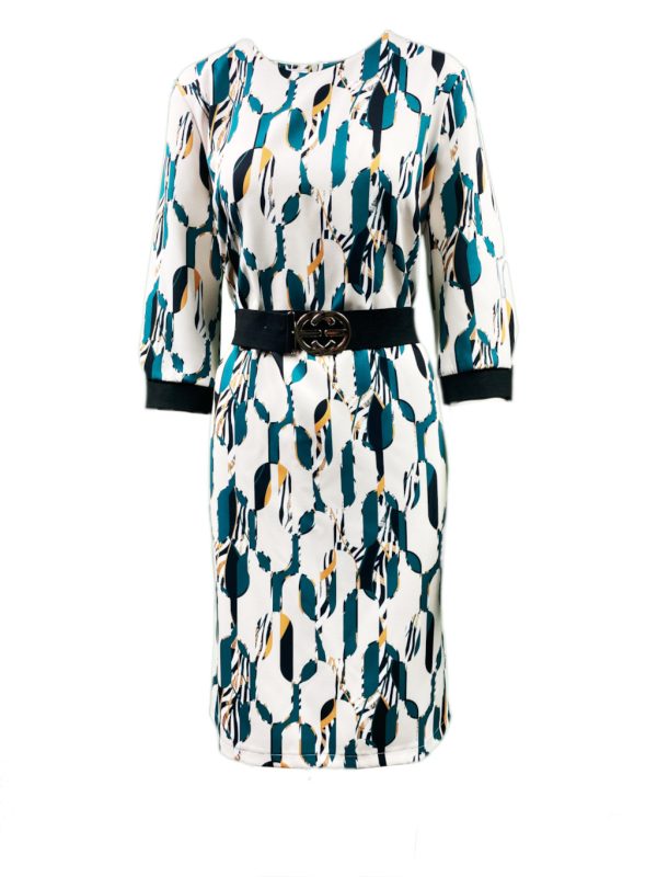 Sukienka OŁÓWKOWA ekri wzory z paskiem czarnym gumowym