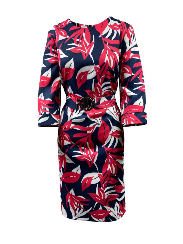 Sukienka OŁÓWKOWA granat w kwiaty z paskiem