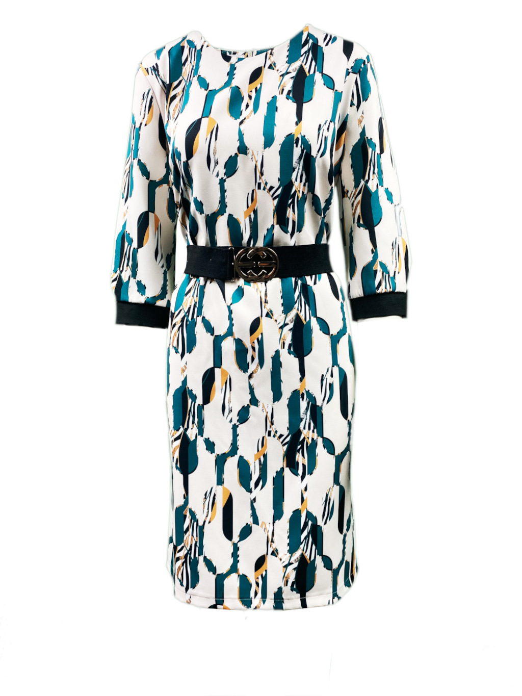 Sukienka damska OŁÓWKOWA – ekri wzory (pasek czarny osobno)